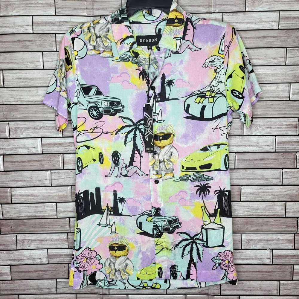 NWT REASON Men's Shirt - Button Up - Short Sleeve - Beach - Palm Trees - Small